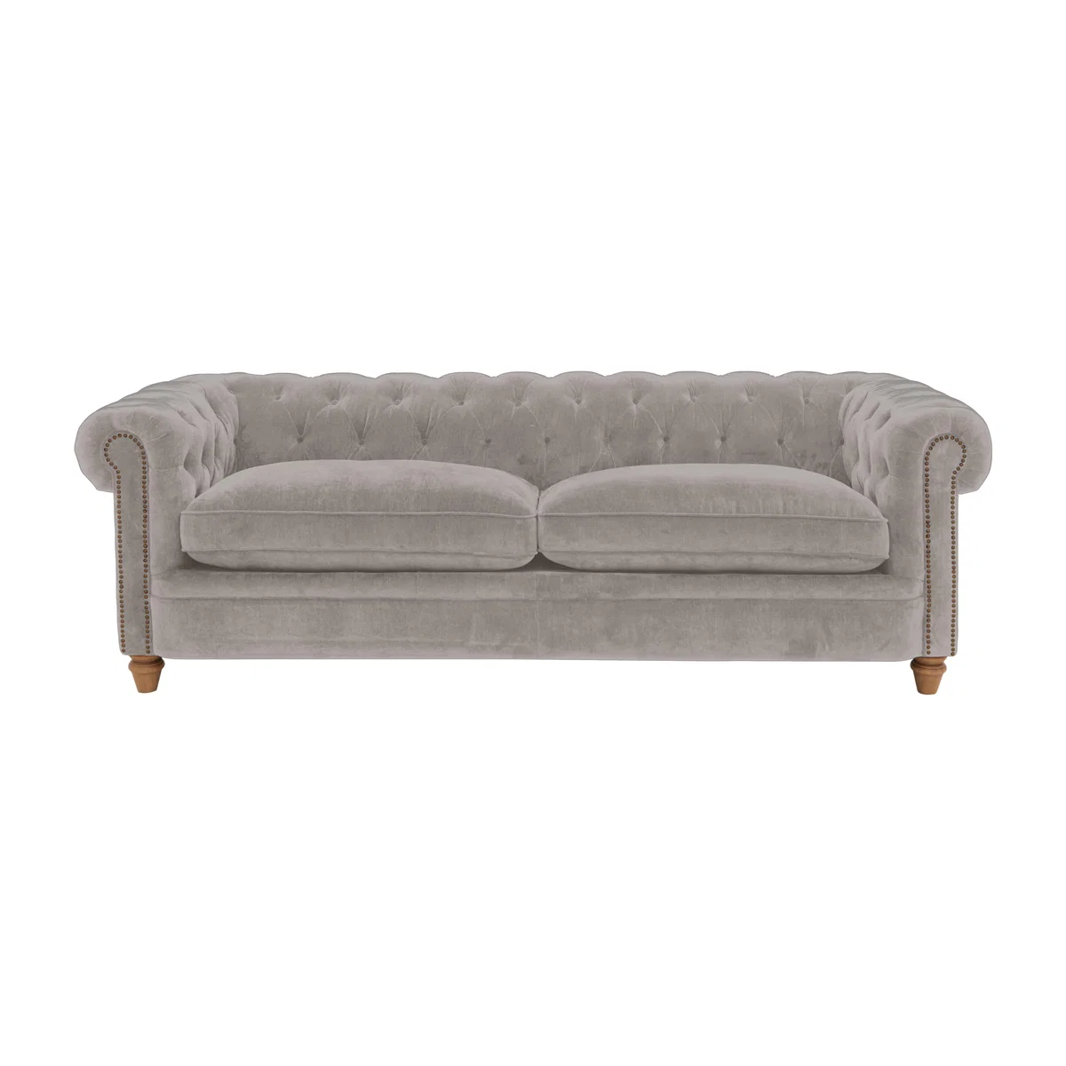 Alexander and James - Chesterfield Collection Ralph 4 Seater Fabric Sofa - Chamonix Silver with Studs - Oak Feet