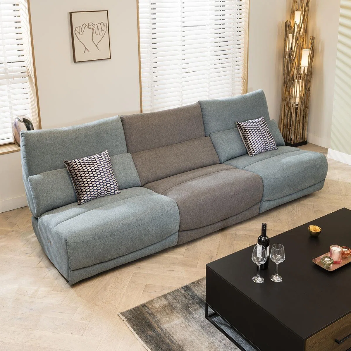 Modern 4 Seater Modular Electric Recliner Sofa Grey Blue Fabric S32R – image 2