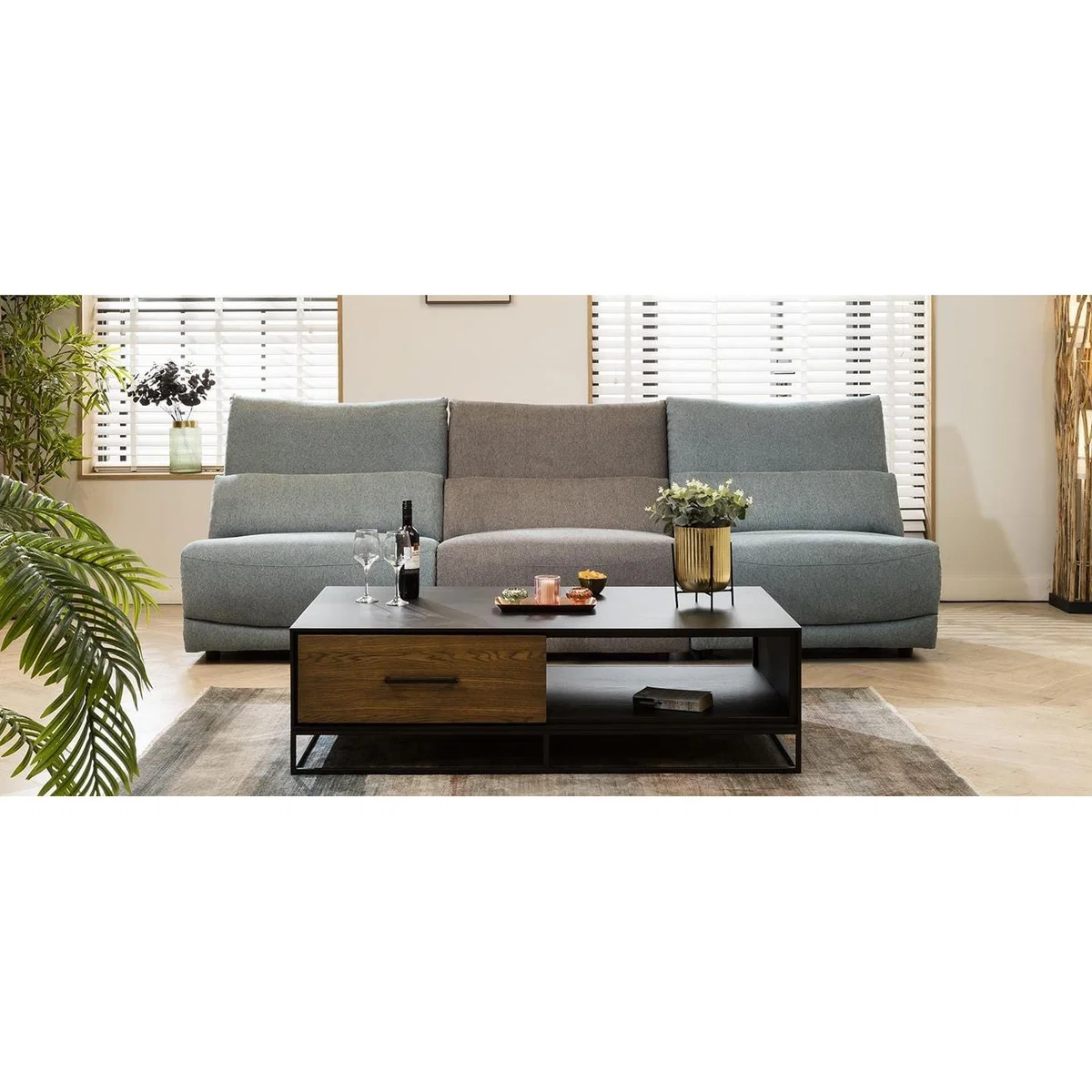 Modern 4 Seater Modular Electric Recliner Sofa Grey Blue Fabric S32R – image 3