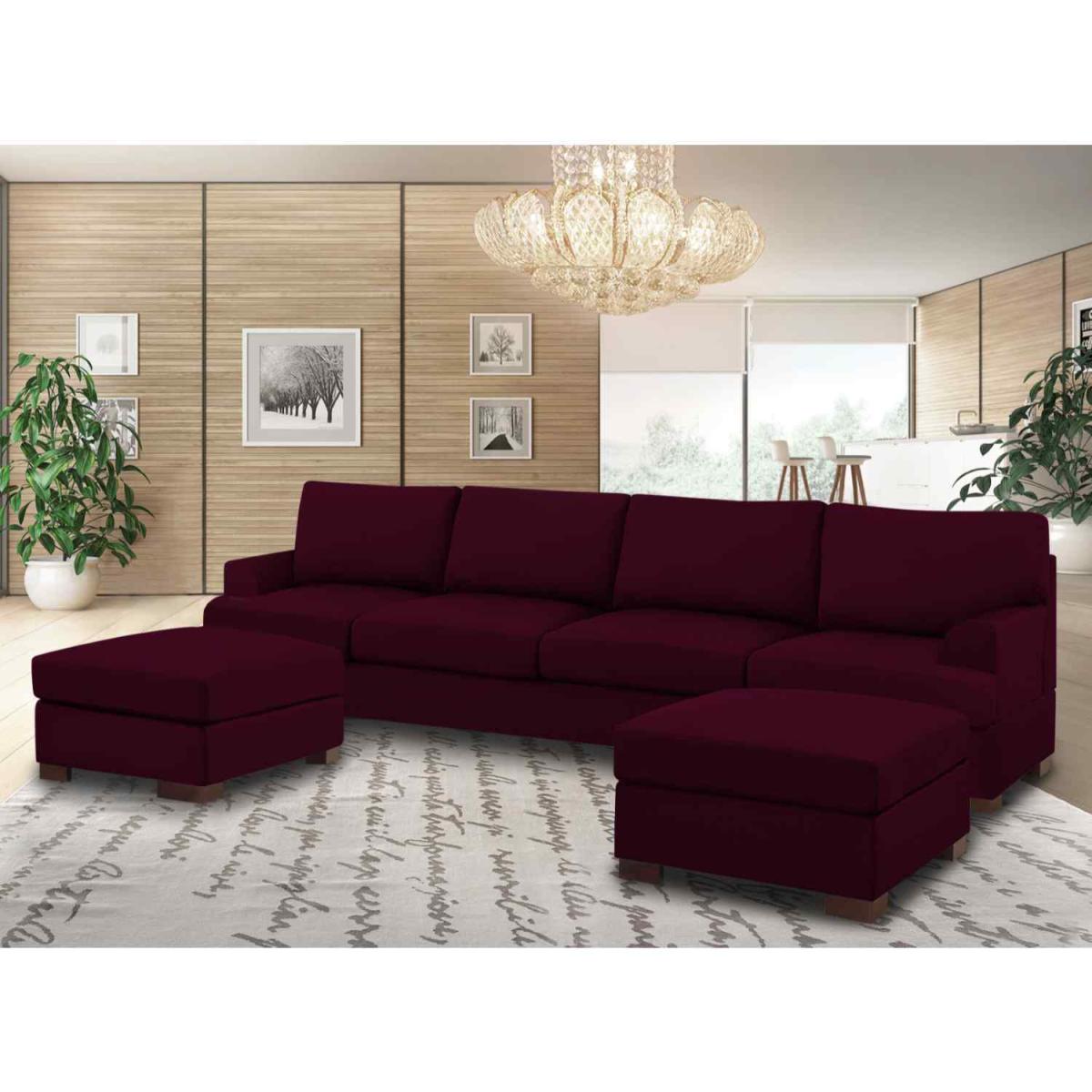 Henry Large U Shape Sofa in Plush Velvet with 2 Footstools - Wine – image 15