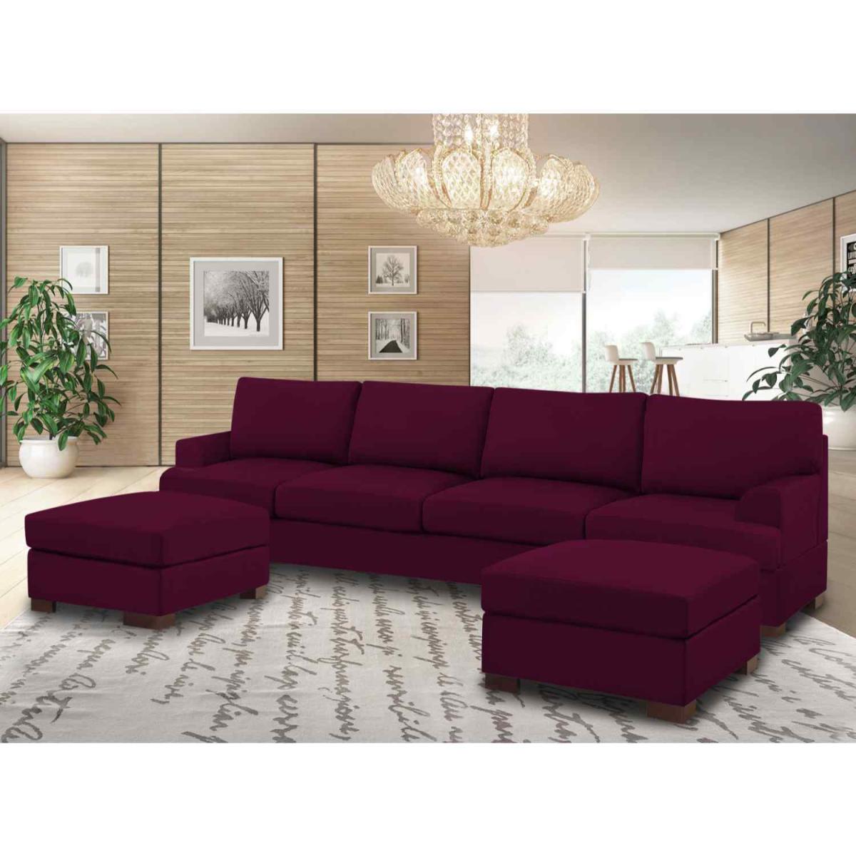 Henry Large U Shape Sofa in Plush Velvet with 2 Footstools - Wine – image 4