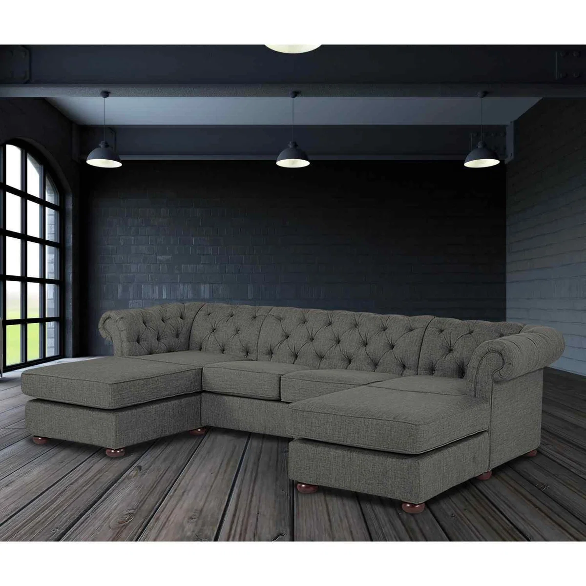 Lenoso Chesterfield U Shape Sofa with 2 Footstools in Plush Velvet Fabric - Yellow – image 2
