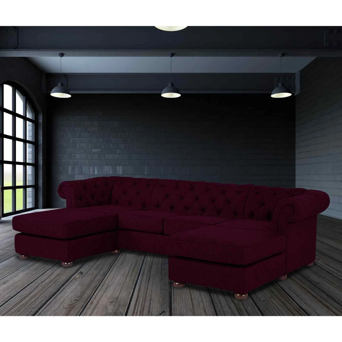 Lenoso Chesterfield U Shape Sofa with 2 Footstools in Plush Velvet Fabric - Yellow – image 12