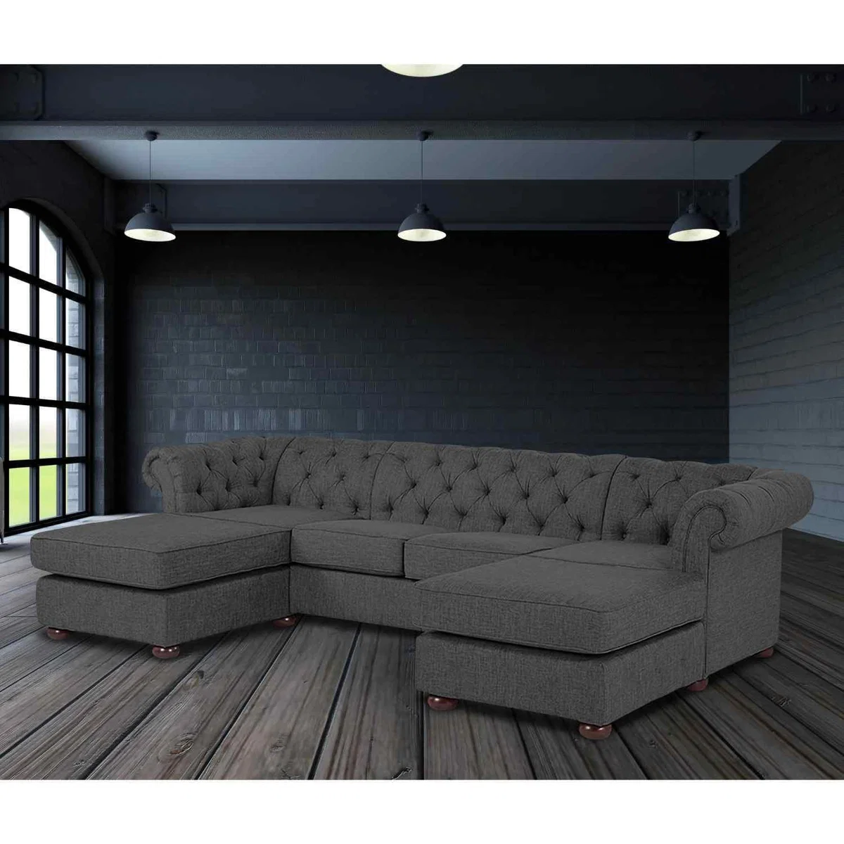 Lenoso Chesterfield U Shape Sofa with 2 Footstools in Plush Velvet Fabric - Yellow – image 6