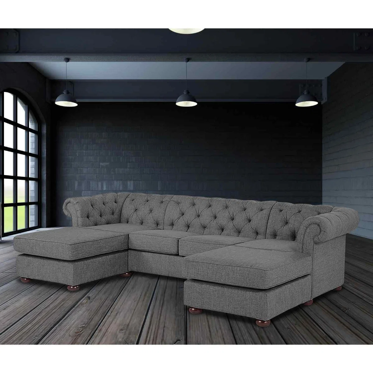 Lenoso Chesterfield U Shape Sofa with 2 Footstools in Plush Velvet Fabric - Yellow – image 8