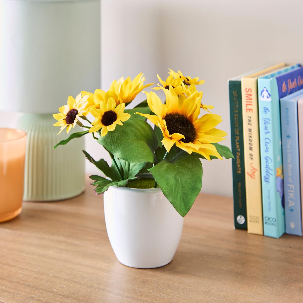 Artificial Yellow Sunflower Arrangement in White Ceramic Plant Pot – image 2