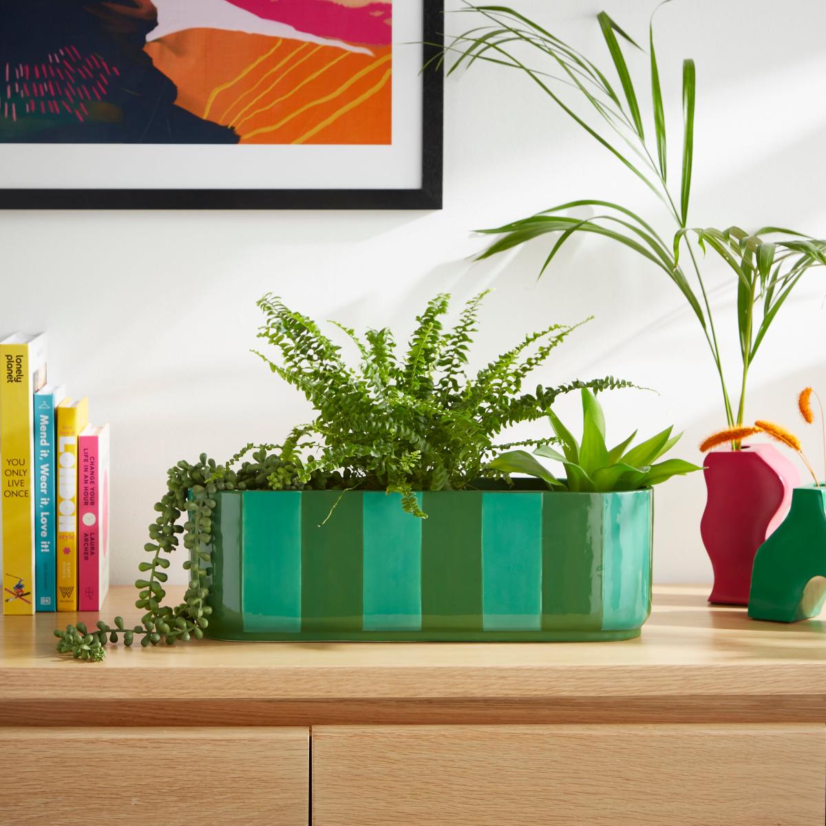 Elements Striped Ceramic Windowsill Plant Pot Green – image 2