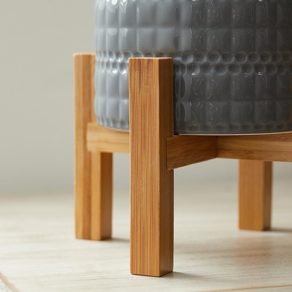 Grey Embossed Plant Pot on Wooden Stand Grey – image 3