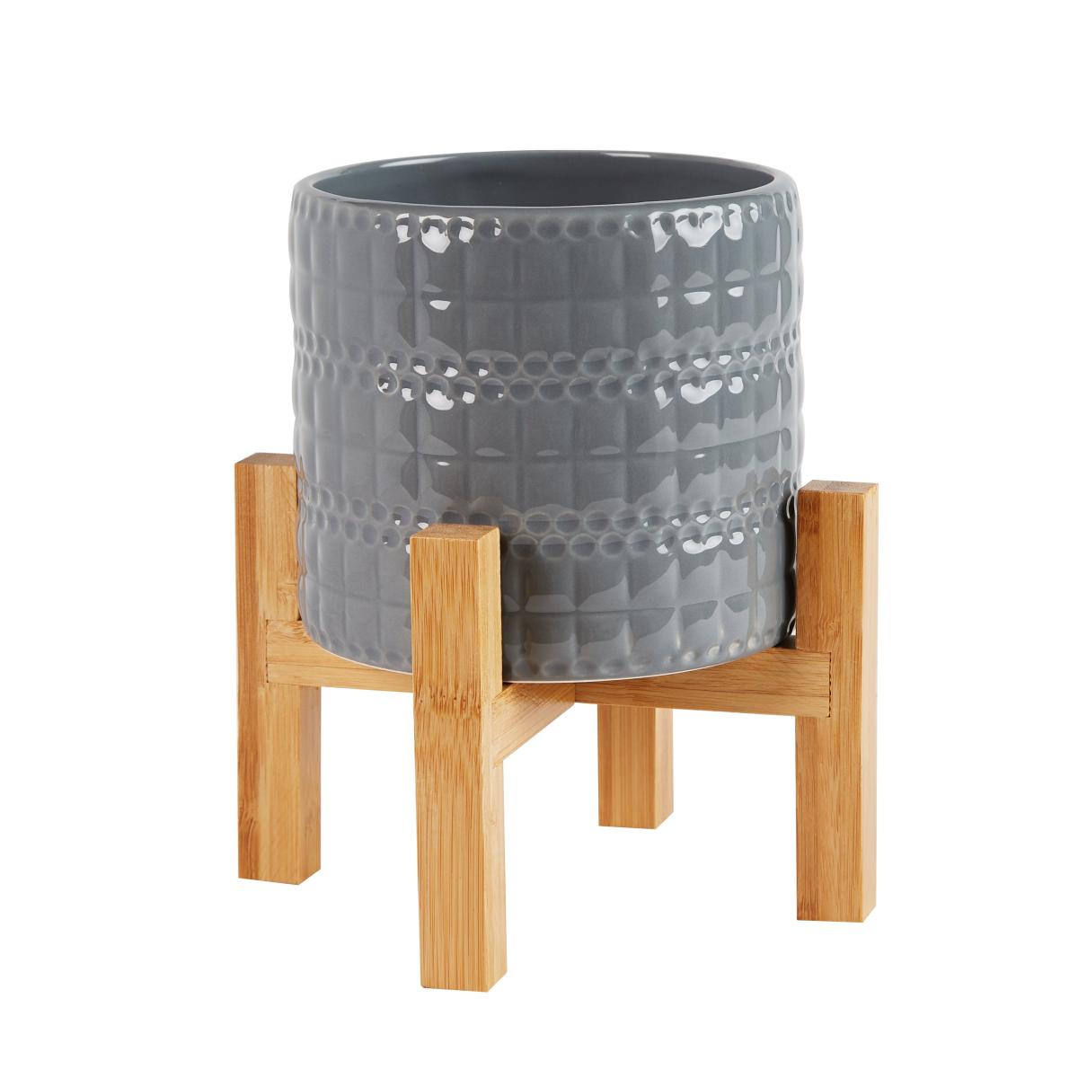 Grey Embossed Plant Pot on Wooden Stand Grey – image 4