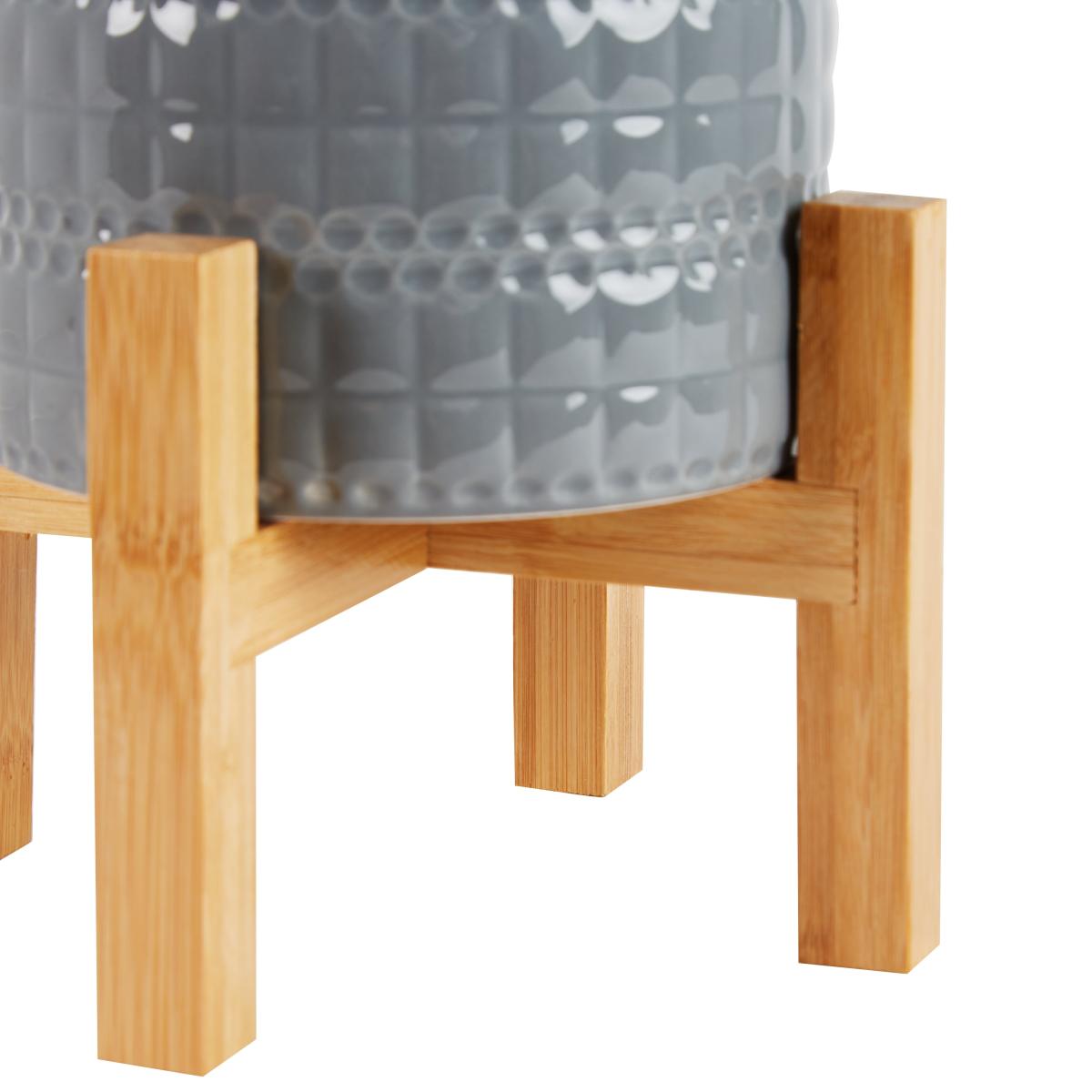 Grey Embossed Plant Pot on Wooden Stand Grey – image 5