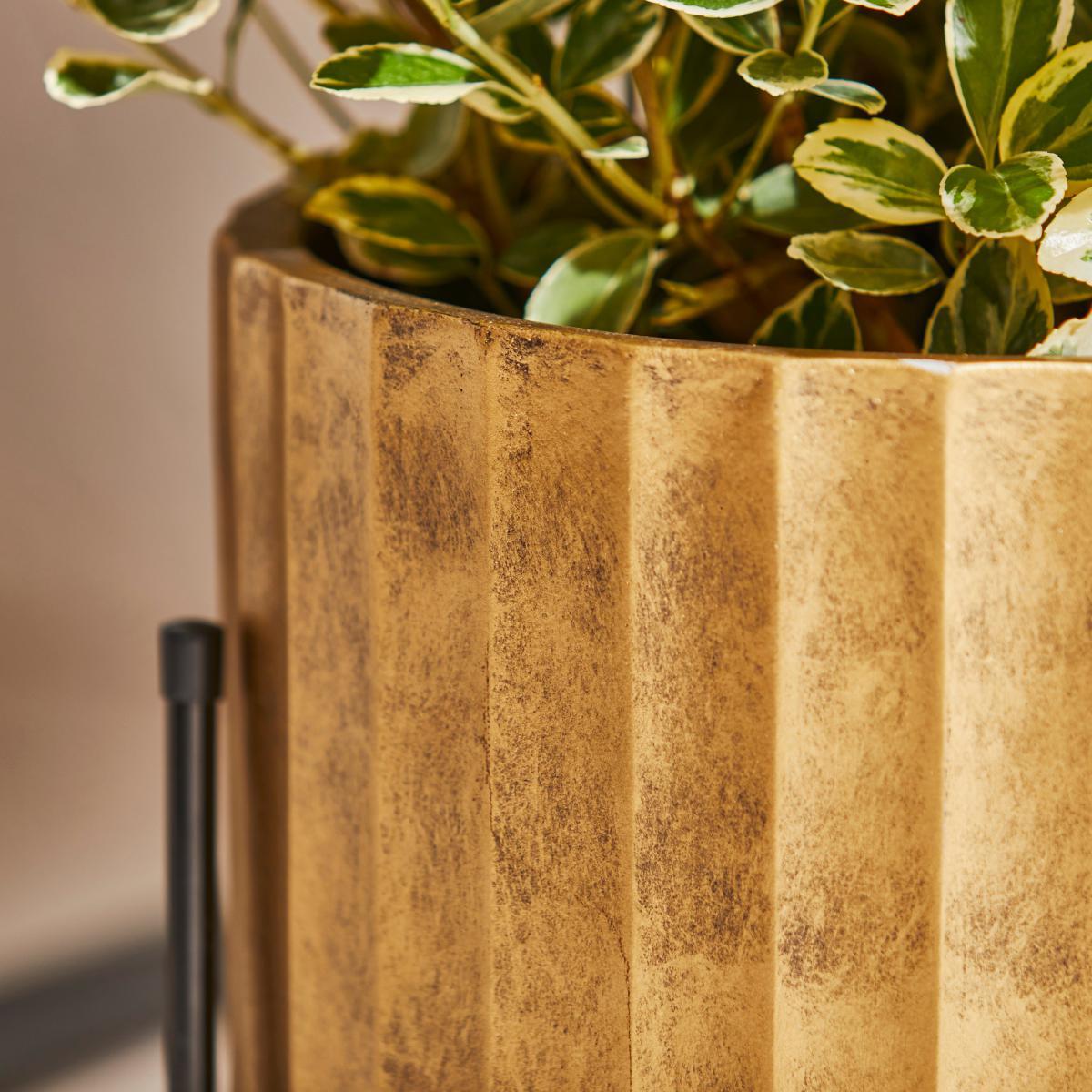 Gold Fibre Clay Pot Vertical Rib Finish on Metal Stand Gold – image 2