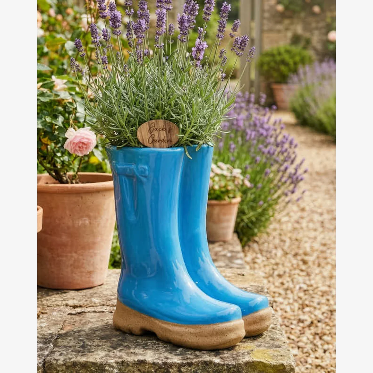 Large Bright Blue Welly Boots Planter with Personalised Marker – image 1