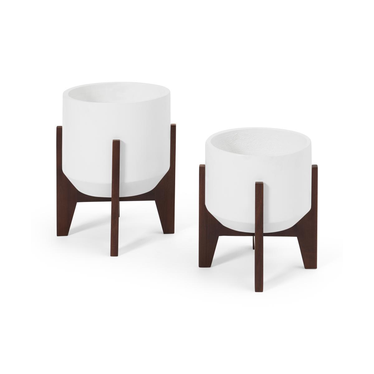 Afia Set of 2 Wide Plant Stands, Natural White Fibre Cement & Acacia – image 2
