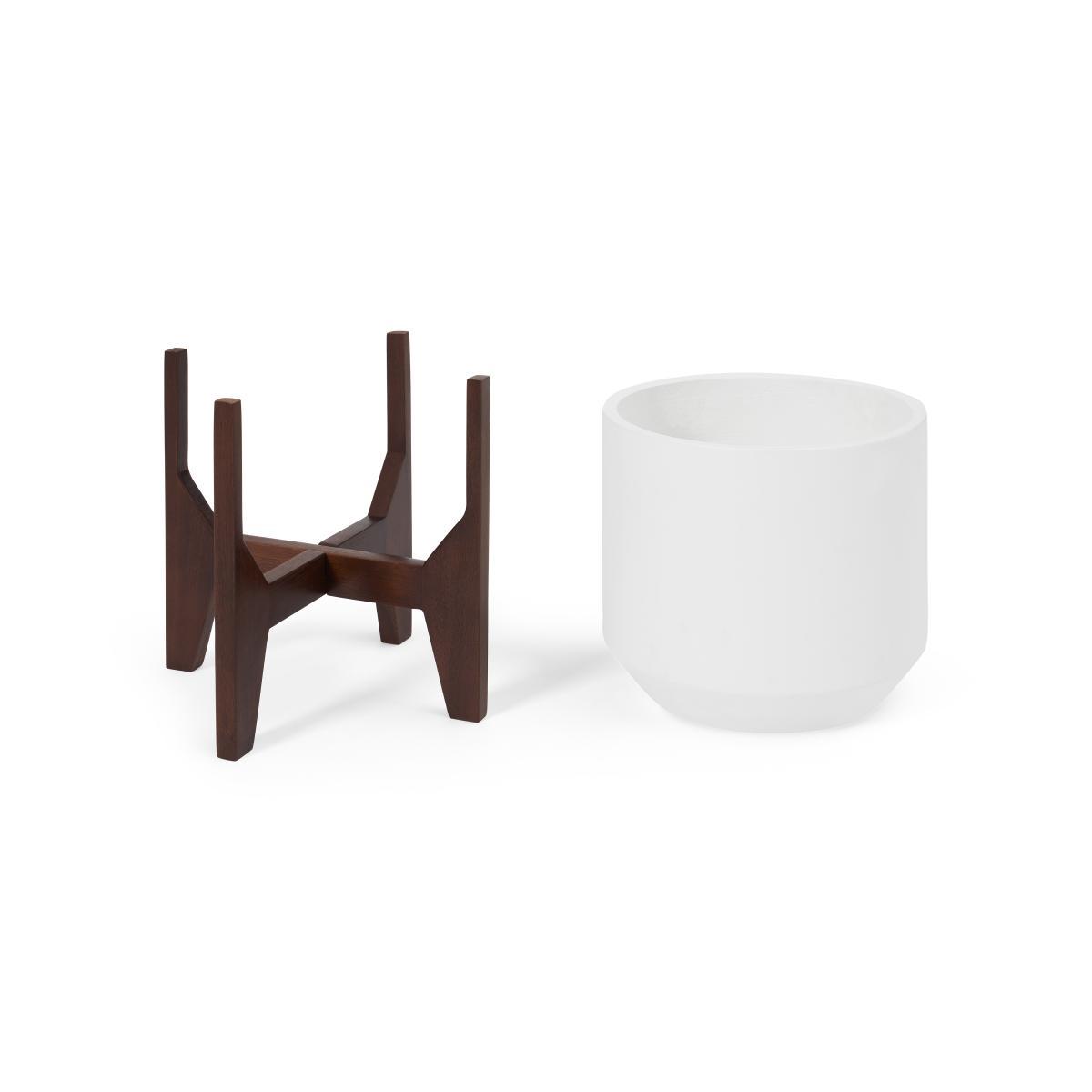 Afia Set of 2 Wide Plant Stands, Natural White Fibre Cement & Acacia – image 5