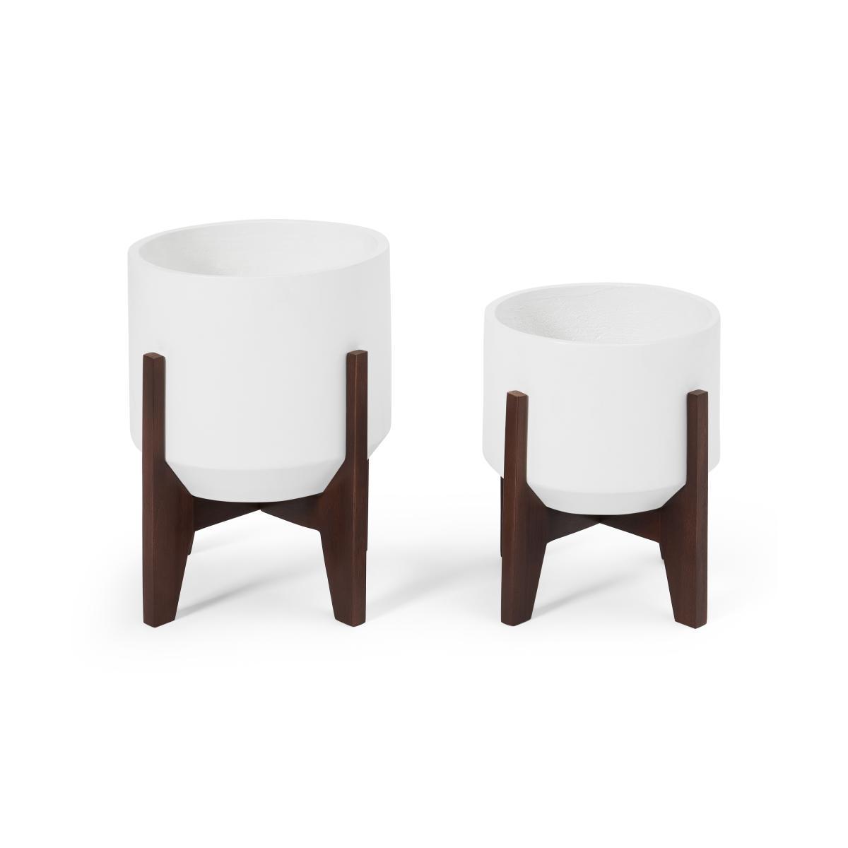 Afia Set of 2 Wide Plant Stands, Natural White Fibre Cement & Acacia – image 6