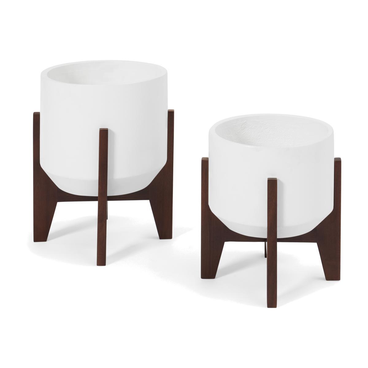 Afia Set of 2 Wide Plant Stands, Natural White Fibre Cement & Acacia – image 1