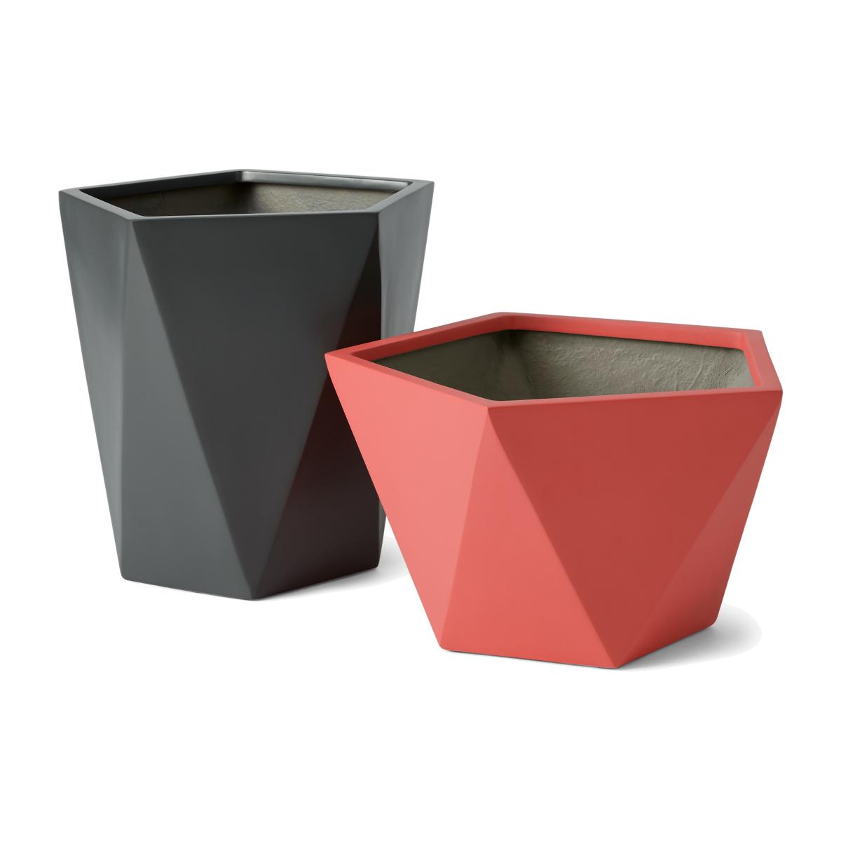Baloo Set of 2 Geometric Tall Fibreglass Planters, Coral Pink & Dark Grey – image 1