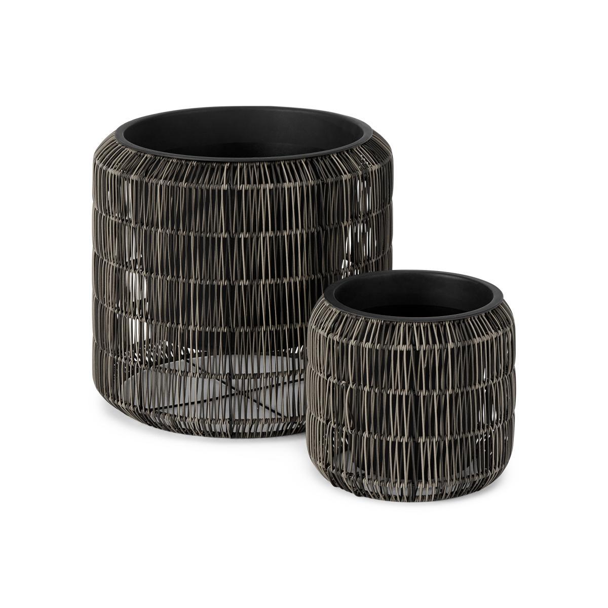 Nadda Set of 2 Round Polyrattan Plant Stands, Brown – image 2