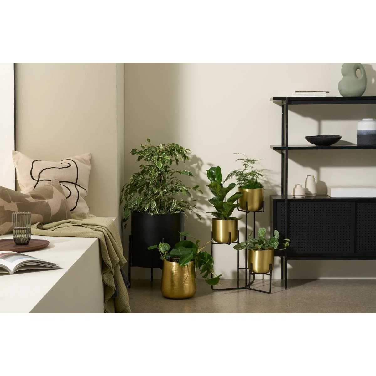 Salix Set of 3 Tiered Planters with Stands, Brass & Black – image 3