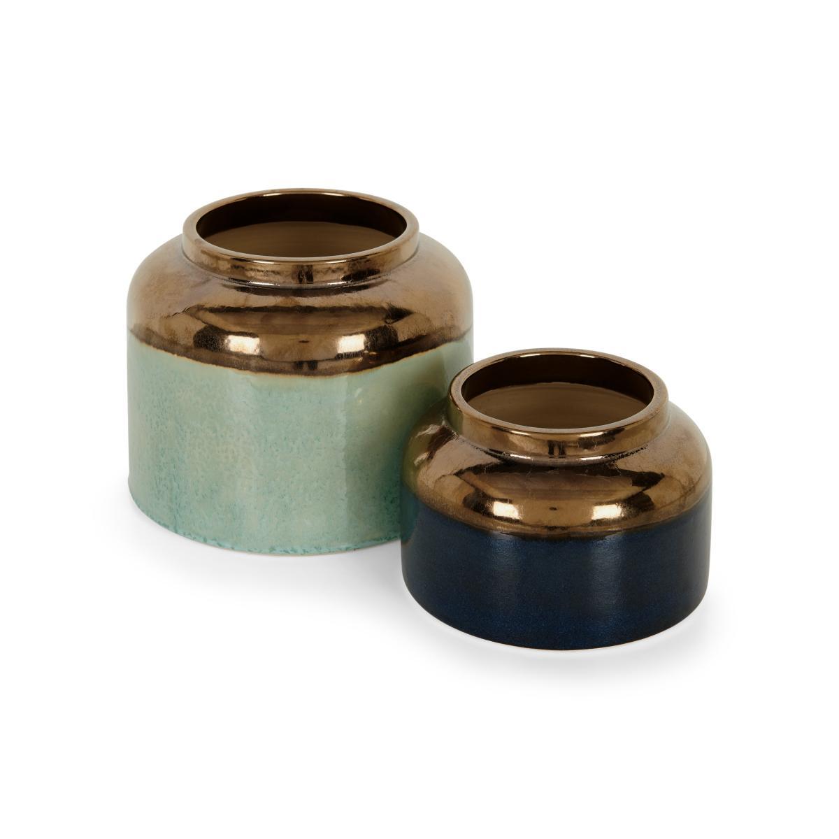 Gia Set Of Two Earthenware Metallic Glaze Planters, Multi – image 2