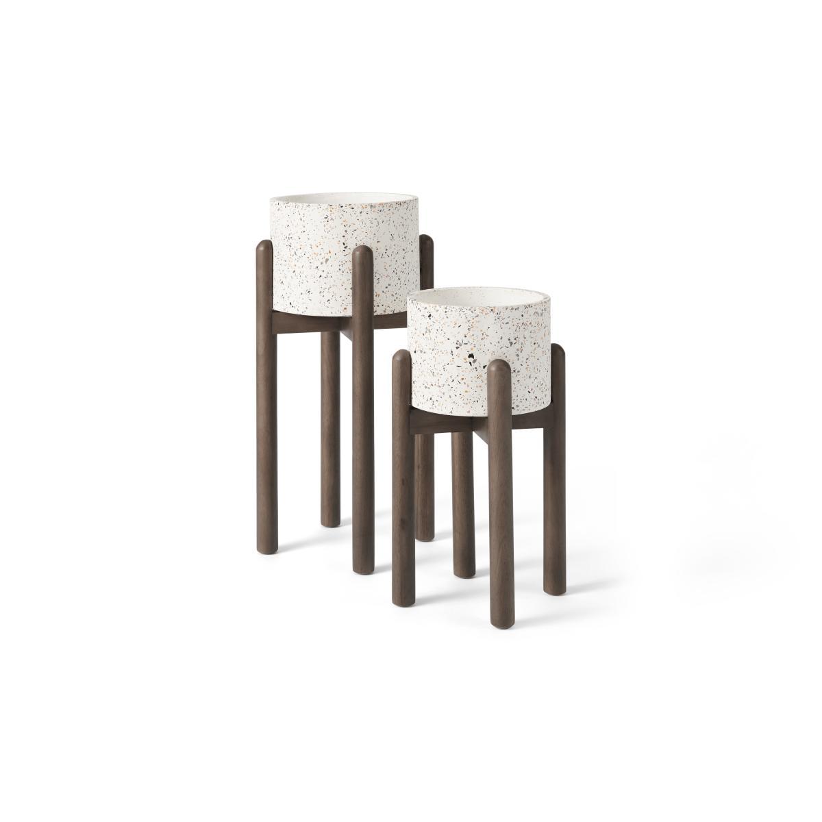 Hakuun Set of 2 Limited Edition Terrazzo Plant Pots With Rubberwood Legs, White Speckle – image 2