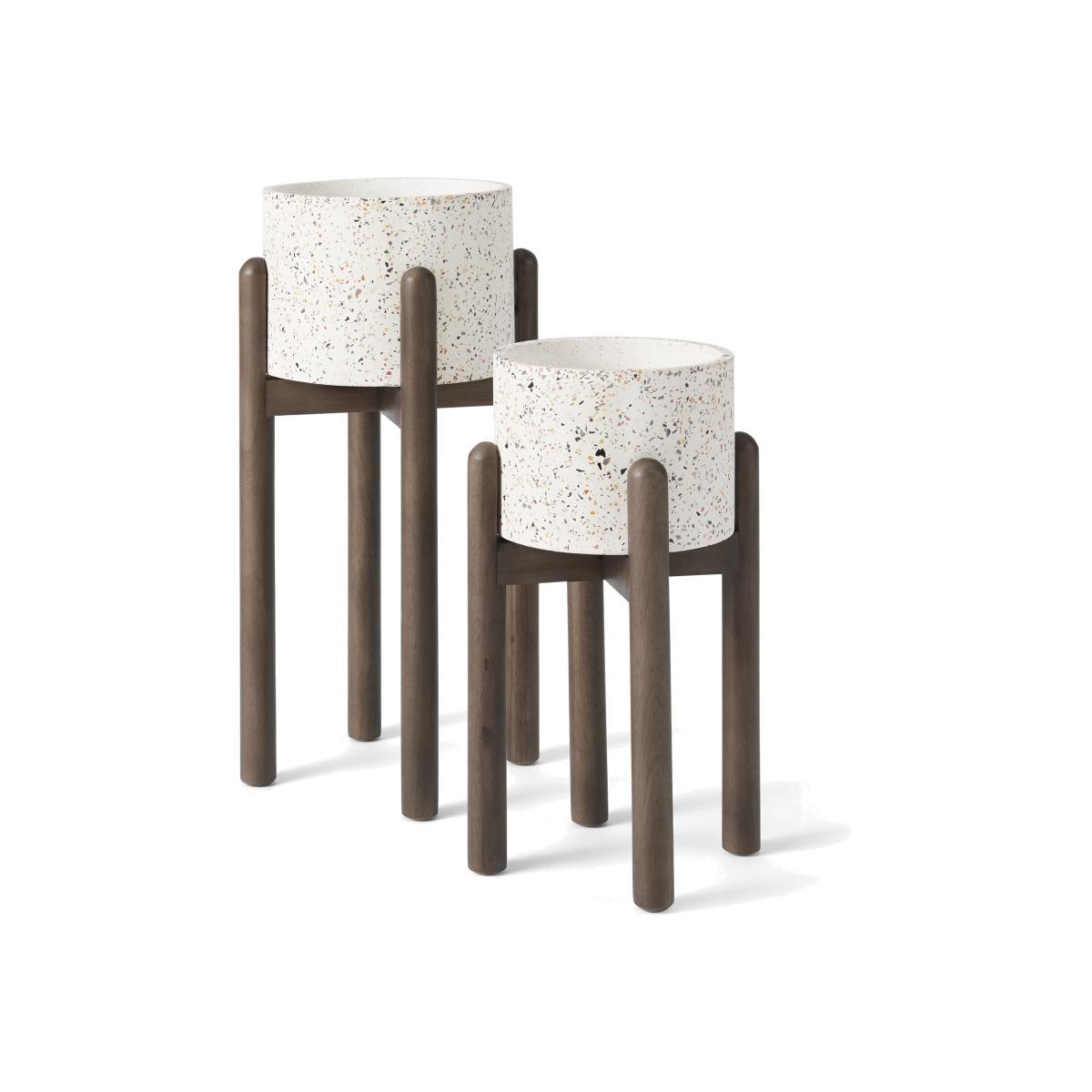 Hakuun Set of 2 Limited Edition Terrazzo Plant Pots With Rubberwood Legs, White Speckle – image 1