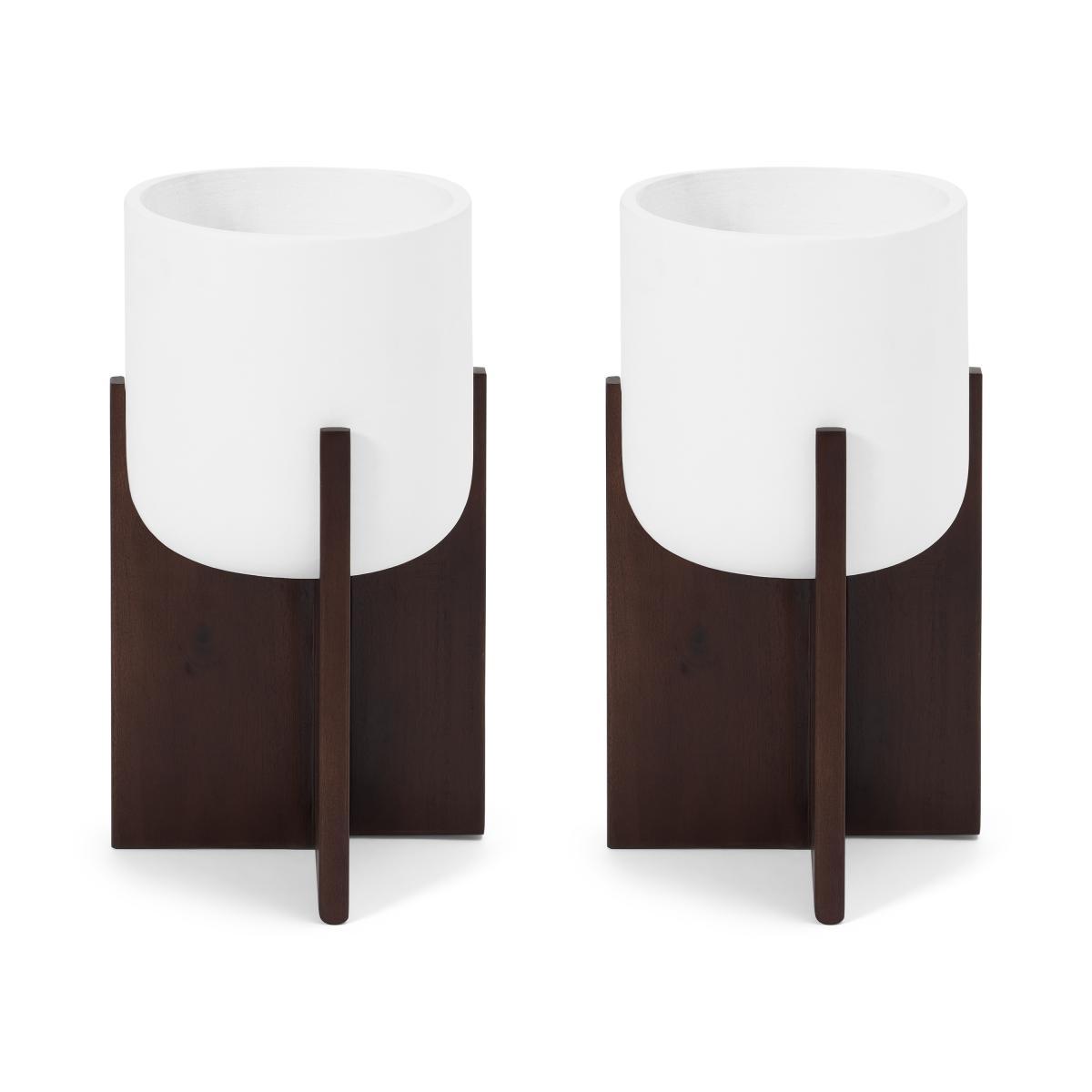 Barwyn Set of 2 Tall Planters with Stands, Stone Fibre Cement & Acacia – image 2