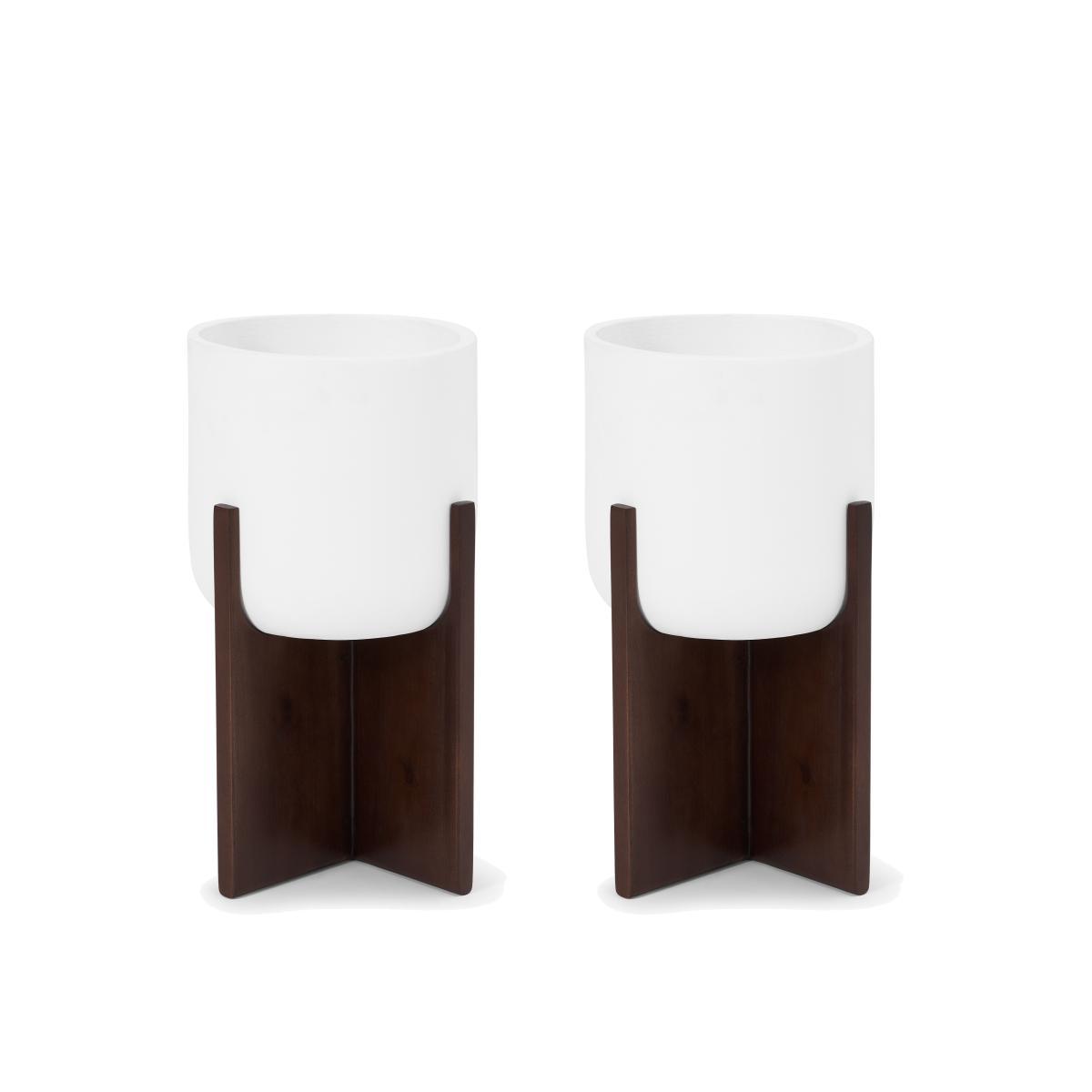 Barwyn Set of 2 Tall Planters with Stands, Stone Fibre Cement & Acacia – image 1