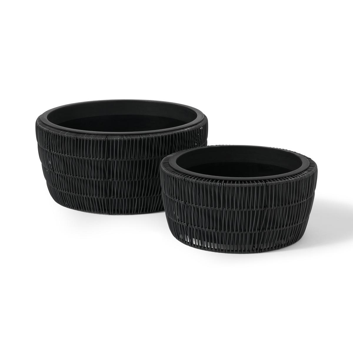 Nadda Set of 2 Round Low Plant Stands, Black Polyrattan – image 2