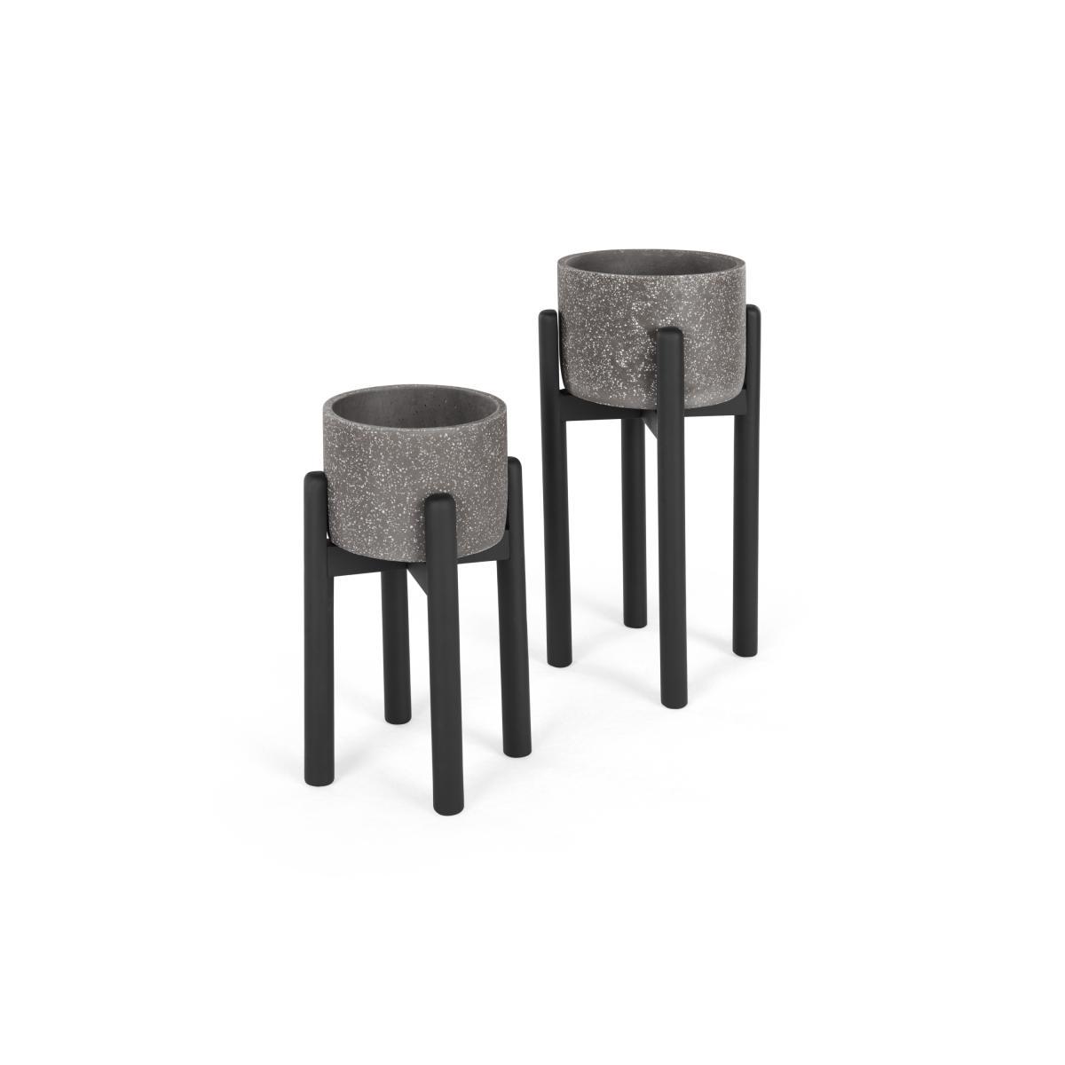 Hakuun Set Of Two Terrazzo Plant Pots With Rubberwood Legs, Grey & Black – image 2