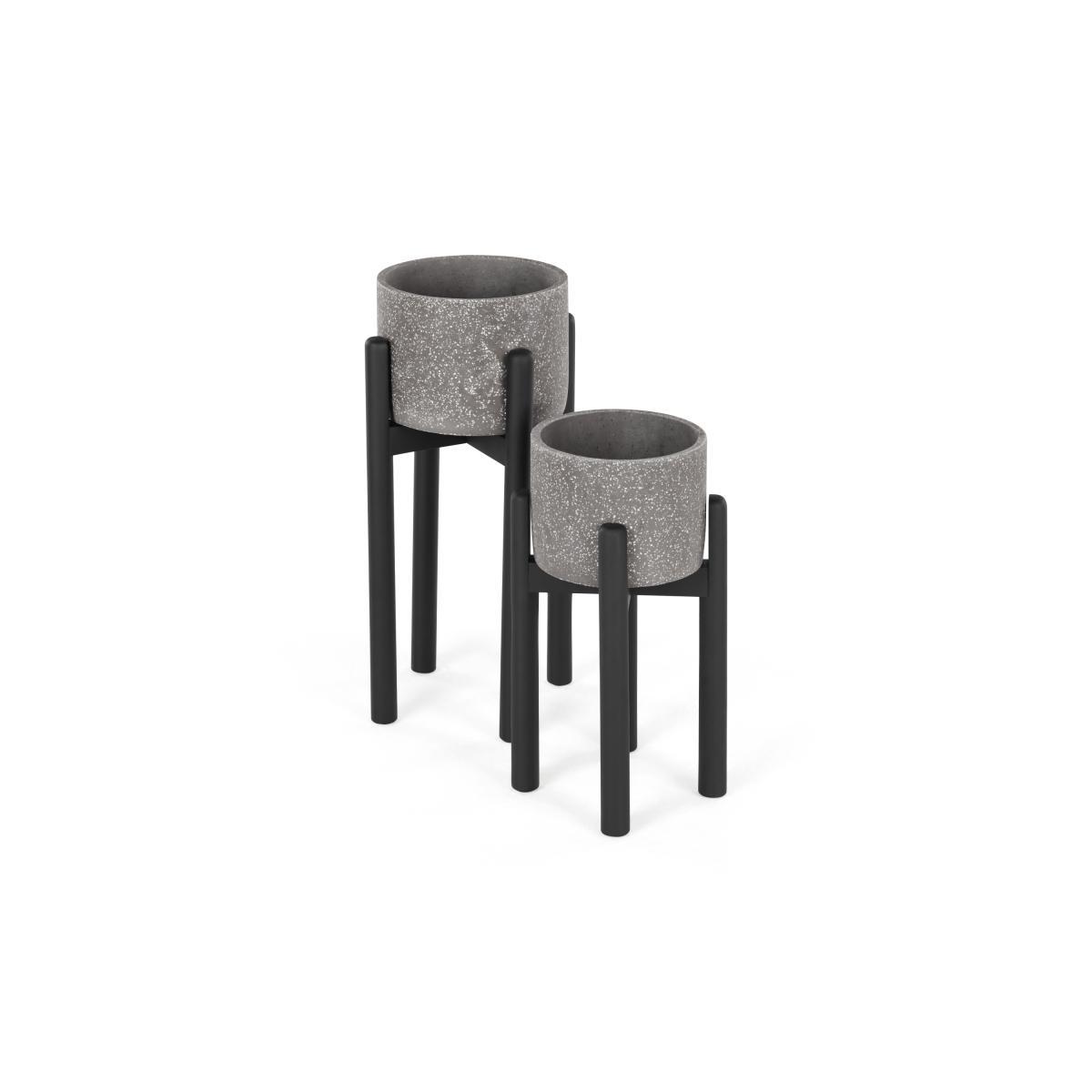 Hakuun Set Of Two Terrazzo Plant Pots With Rubberwood Legs, Grey & Black – image 5