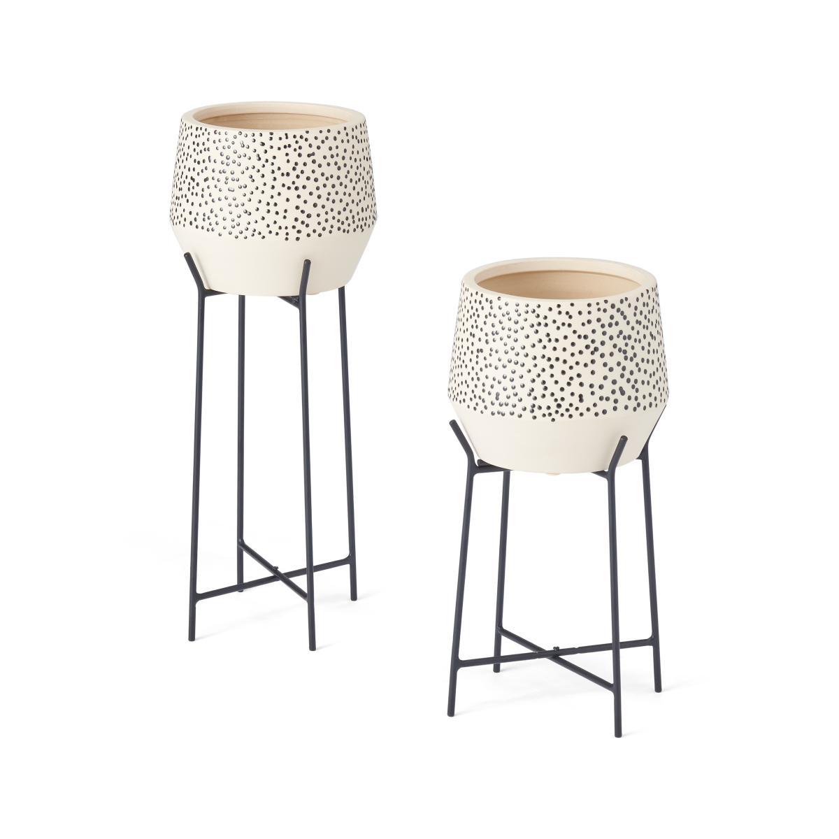 Mano Set of 2 Polka Dot Earthenware Planter with Stand, White & Black – image 2