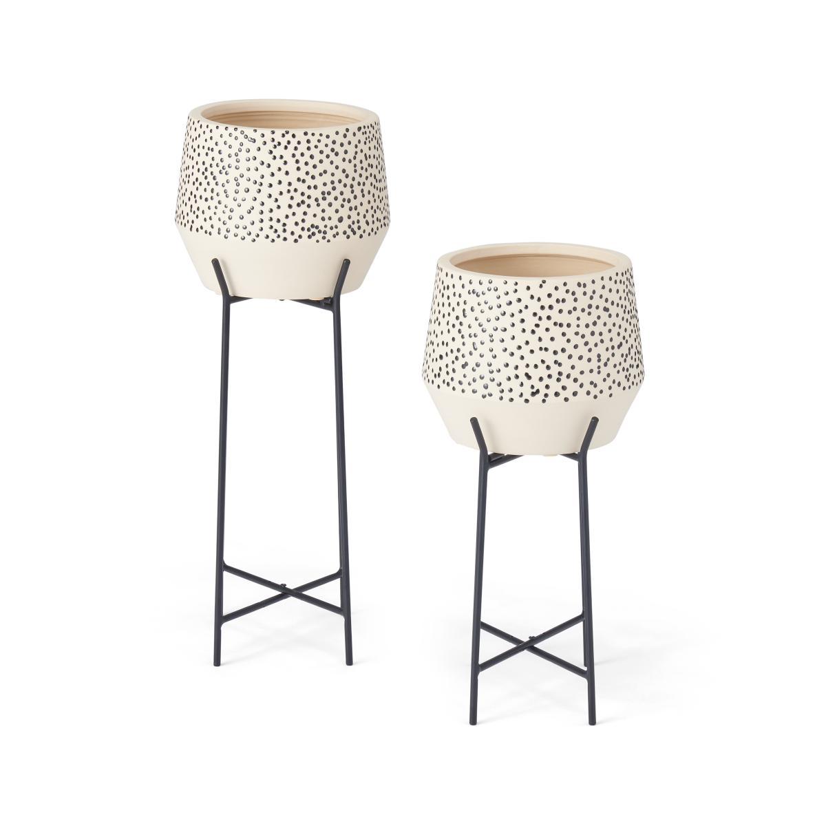 Mano Set of 2 Polka Dot Earthenware Planter with Stand, White & Black – image 5