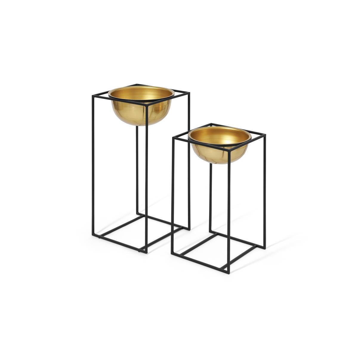 Janelle Set of 2 Tall Dome Planters & Square Stands, Brass & Black – image 2