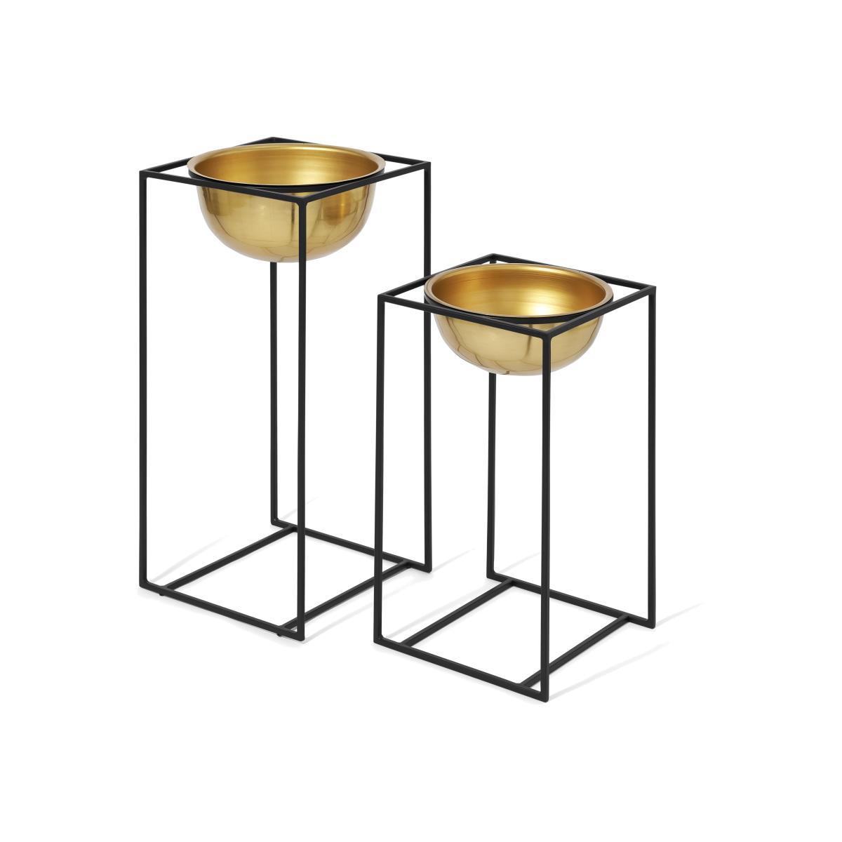 Janelle Set of 2 Tall Dome Planters & Square Stands, Brass & Black – image 1