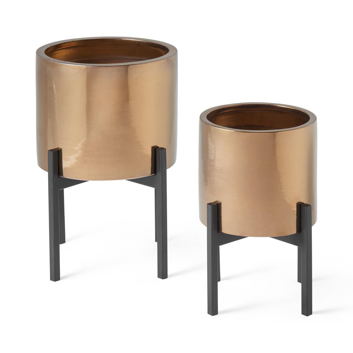 Gia Set of 2 Metallic Glaze Earthenware Planters with Stand, Bronze – image 2
