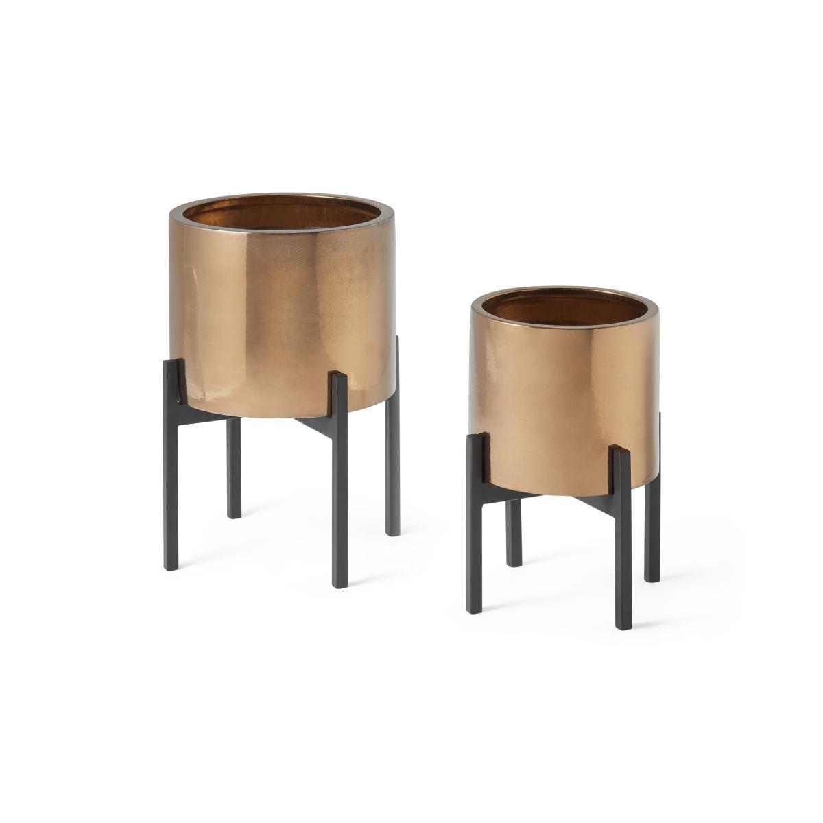 Gia Set of 2 Metallic Glaze Earthenware Planters with Stand, Bronze – image 3