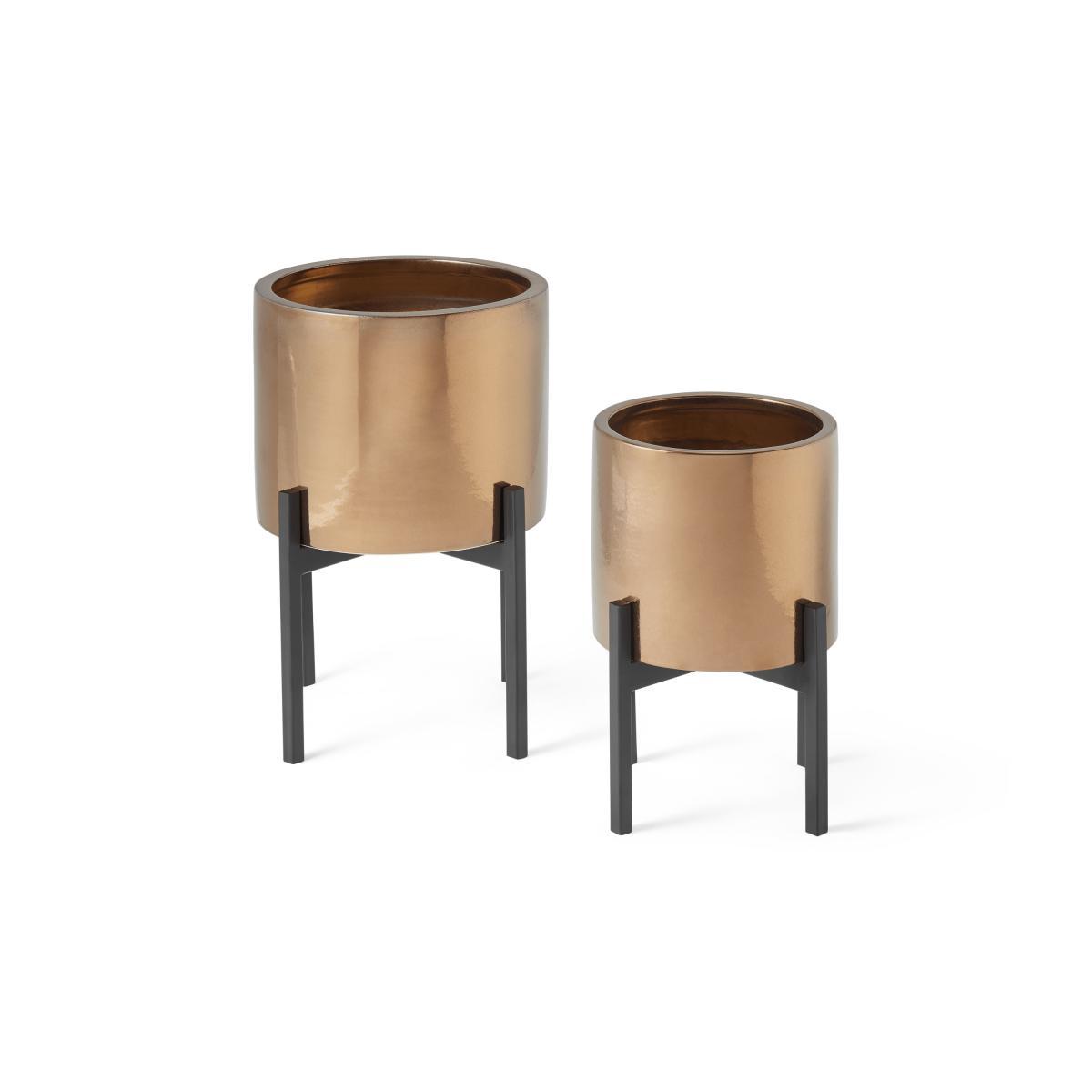 Gia Set of 2 Metallic Glaze Earthenware Planters with Stand, Bronze – image 6