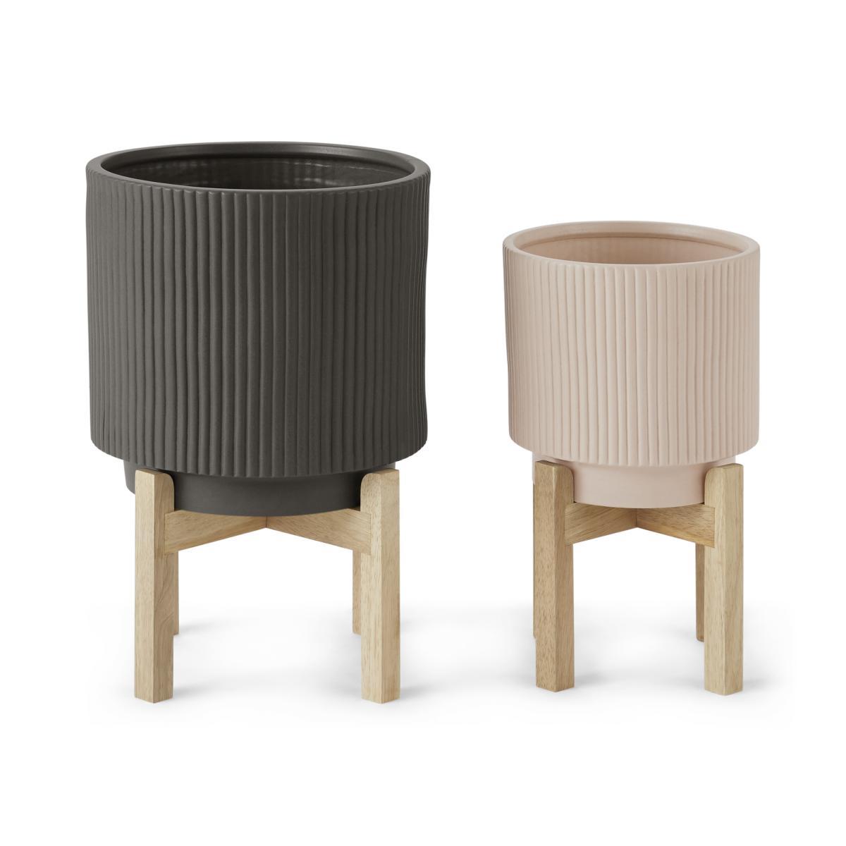 Palm Set Of Two Large Earthenware Plant Stands, Dark Sage & Pink – image 2