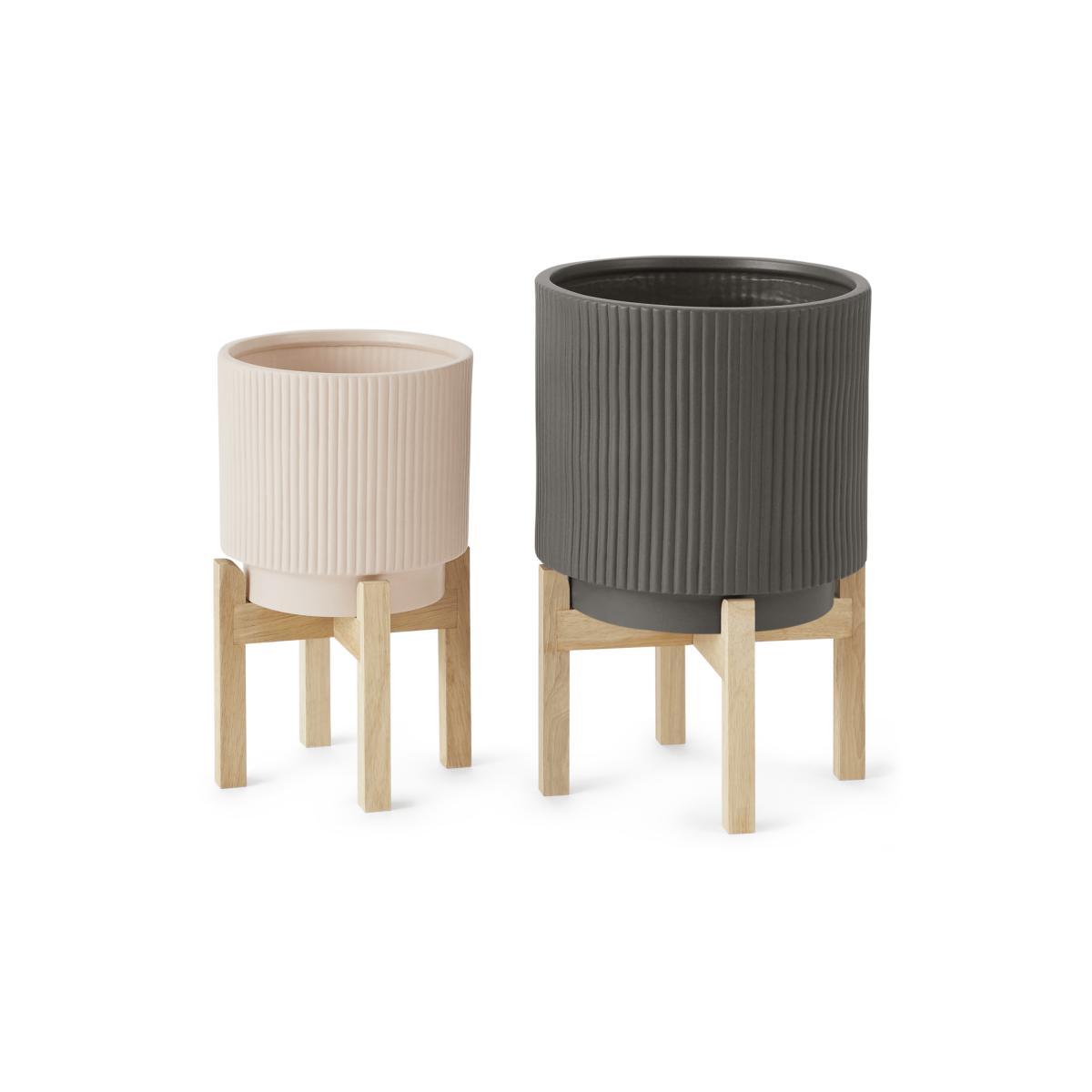 Palm Set Of Two Large Earthenware Plant Stands, Dark Sage & Pink – image 3
