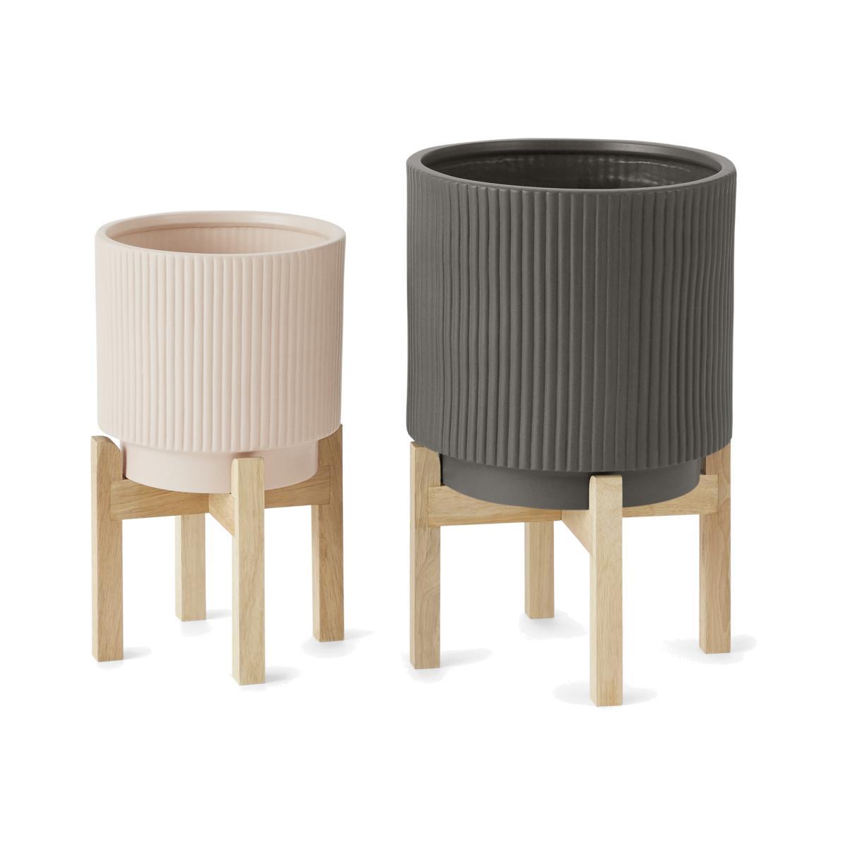Palm Set Of Two Large Earthenware Plant Stands, Dark Sage & Pink – image 1