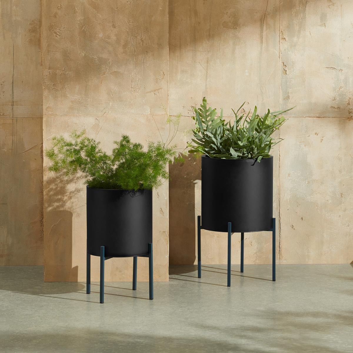 Noor Set of 2 Round Planters with Stands, Large, Black & Teal Galvanized Iron – image 3