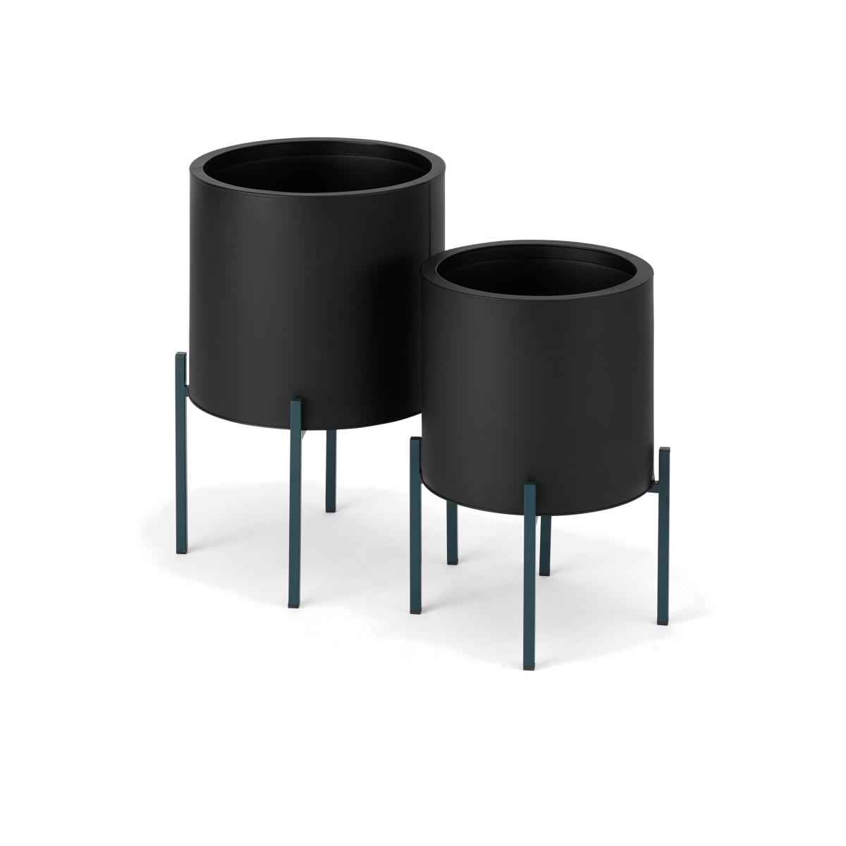 Noor Set of 2 Round Planters with Stands, Large, Black & Teal Galvanized Iron – image 1