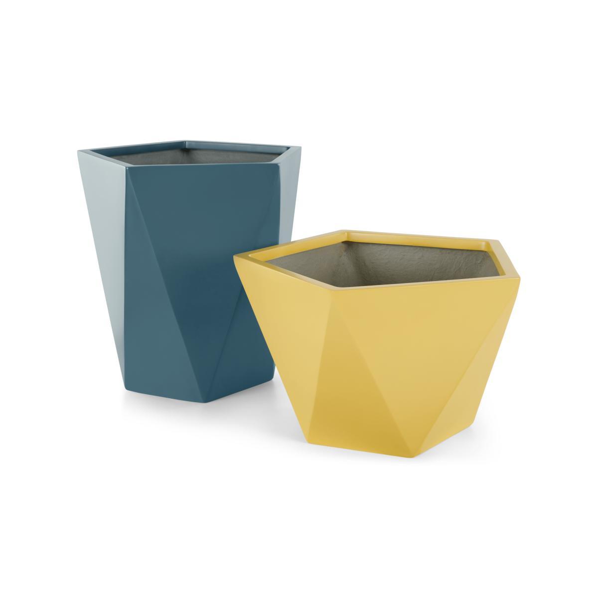 Baloo Set Of 2 Geometric Tall Fibreglass Planters, Yellow & Teal – image 2