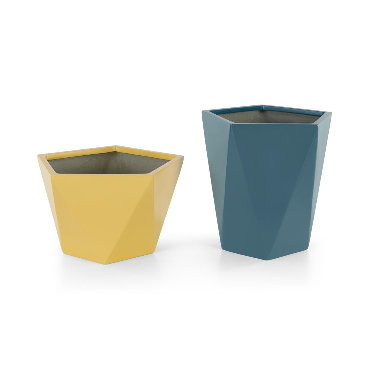 Baloo Set Of 2 Geometric Tall Fibreglass Planters, Yellow & Teal – image 5
