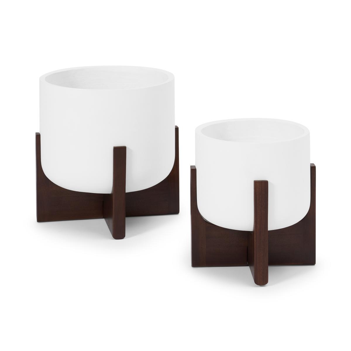 Barwyn Set of 2 Plant Stands with Wooden Legs, Stone Fibre Cement & Acacia – image 2