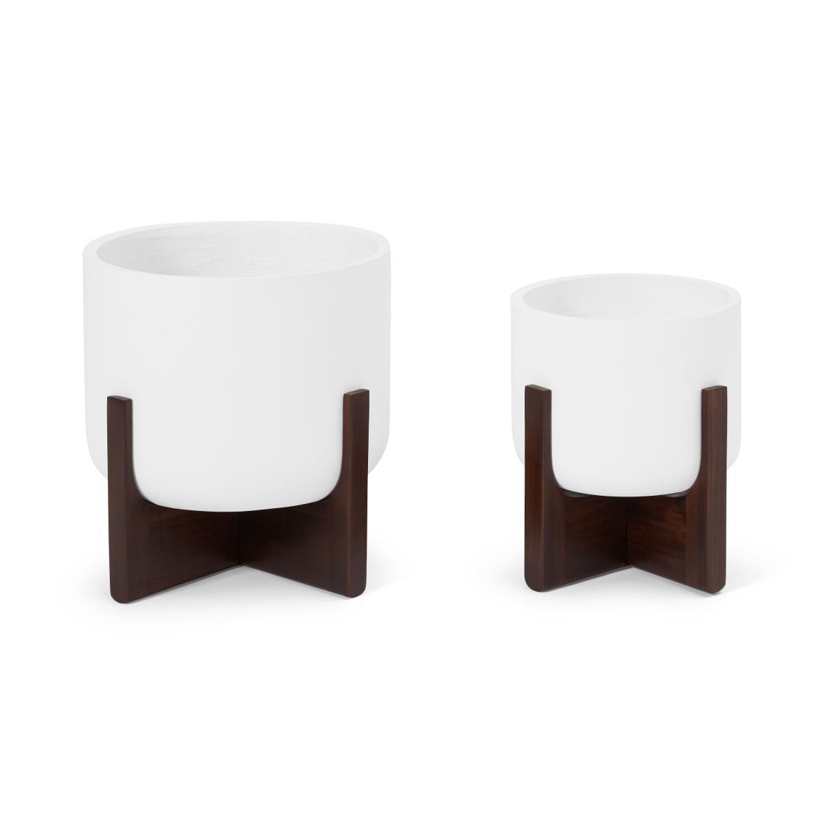 Barwyn Set of 2 Plant Stands with Wooden Legs, Stone Fibre Cement & Acacia – image 3