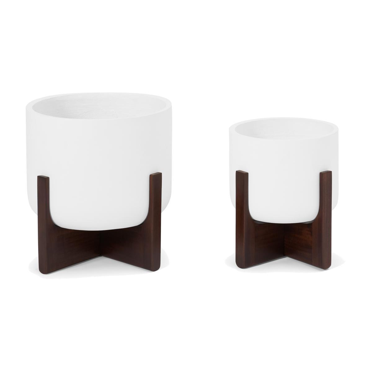 Barwyn Set of 2 Plant Stands with Wooden Legs, Stone Fibre Cement & Acacia – image 1