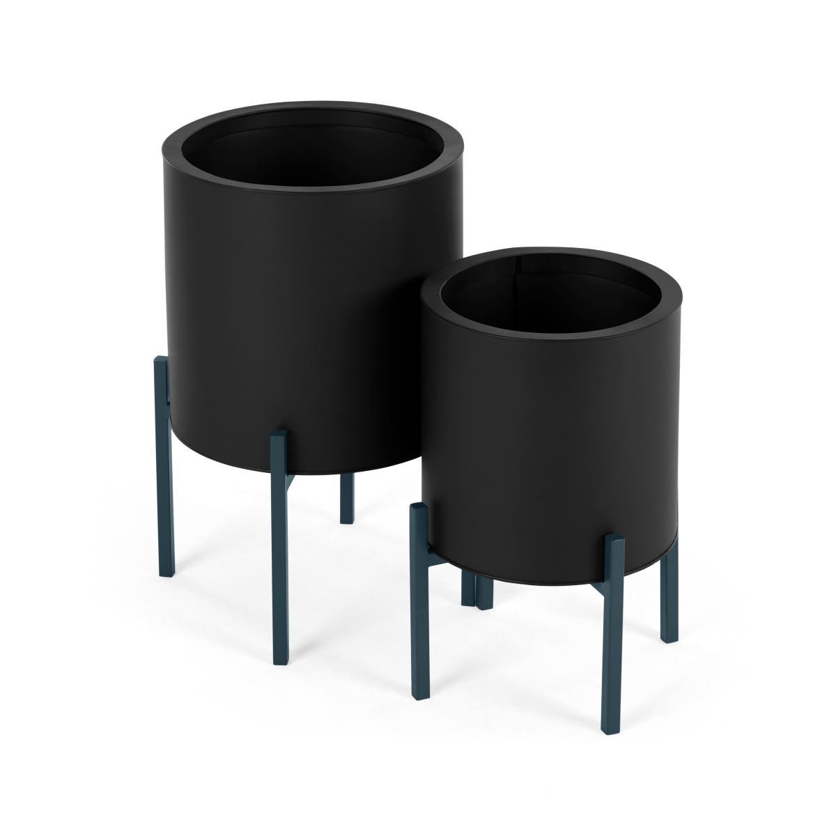 Noor Set Of Two Galvanized Iron Round Plant Stands, Black & Teal – image 2
