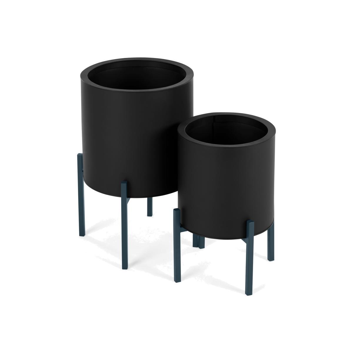 Noor Set Of Two Galvanized Iron Round Plant Stands, Black & Teal – image 1